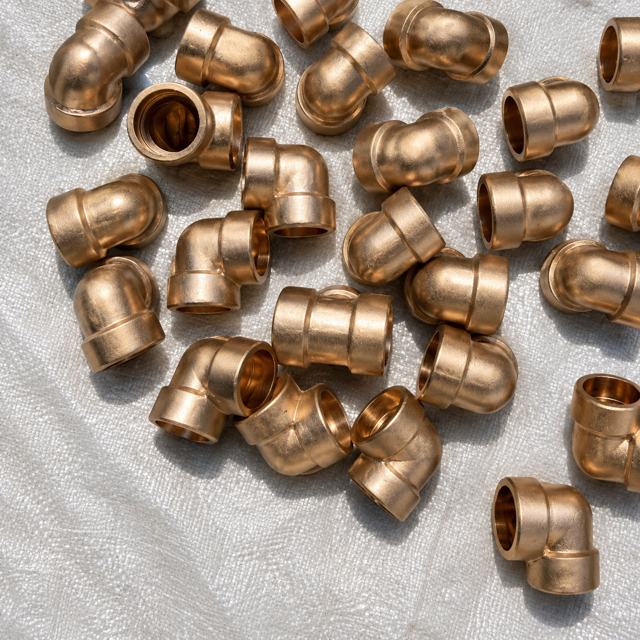 Precision forged copper-nickel 90/10 fittings including elbows and tees on a factory workbench